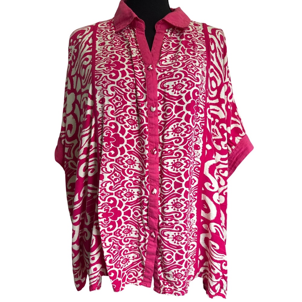 Umgee Womens Pink White Damask Paisley Button Down Tunic Blouse Large Oversized
